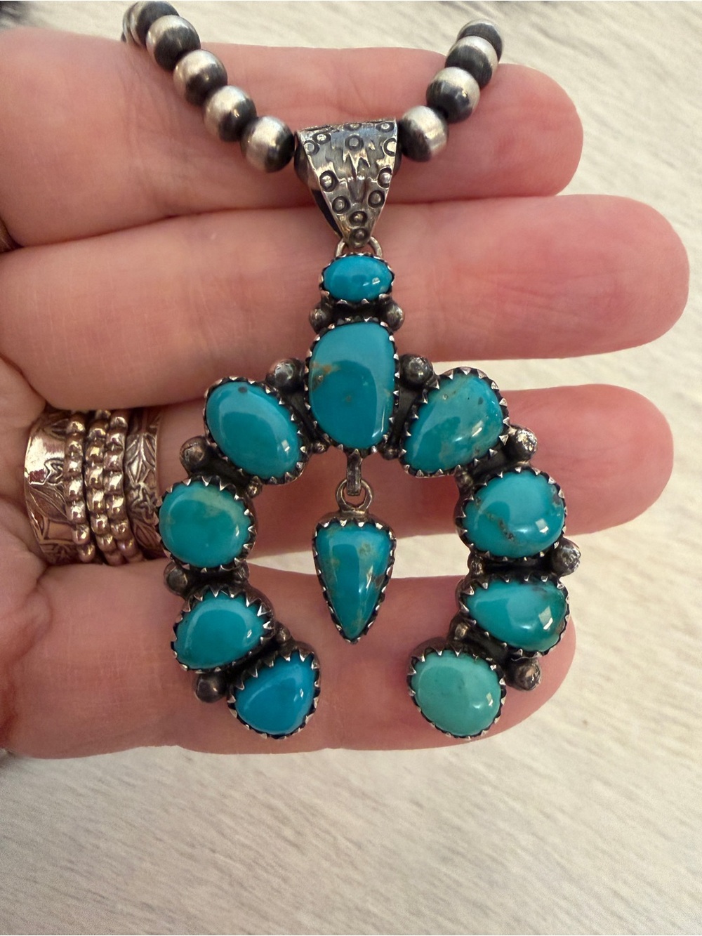 ❤️ Kingman Turquoise X-Large Unisex NAJA 11 Stone Sterling Pendant 9mm Bail
